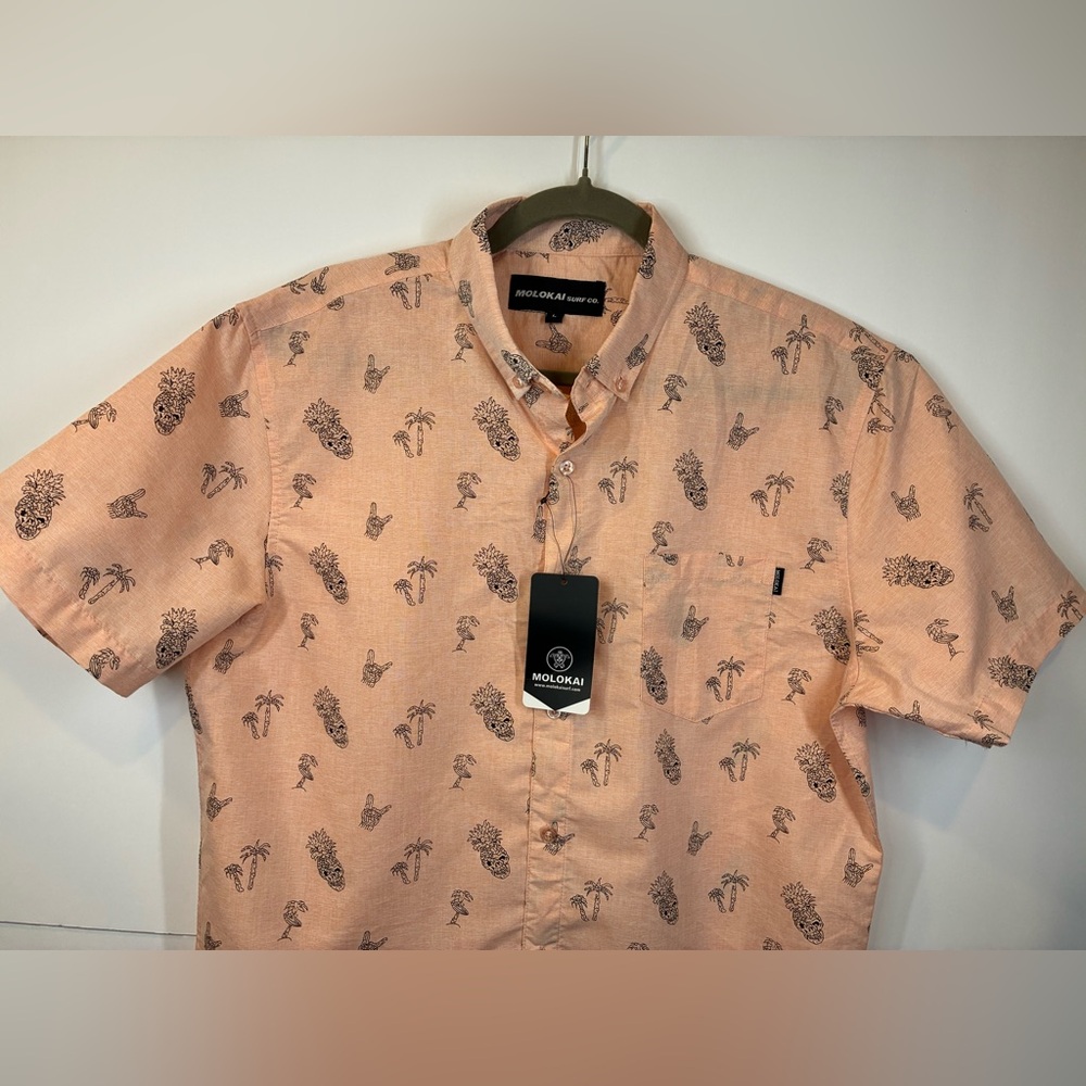 Molokai Surf Co Button Up Shirt Mens Size L Peach Tropical Paradise Palm Print - Picture 2 of 7